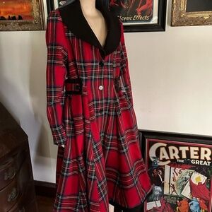 Unique Vintage Red Tartan Plaid Swing Dress Coat